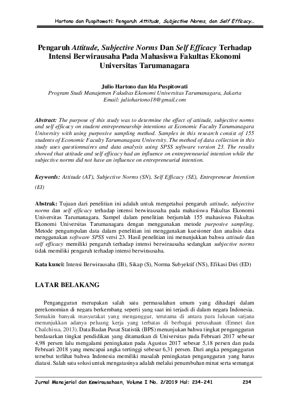 (PDF) Pengaruh Attitude, Subjective Norms Dan Self Efficacy Terhadap ...