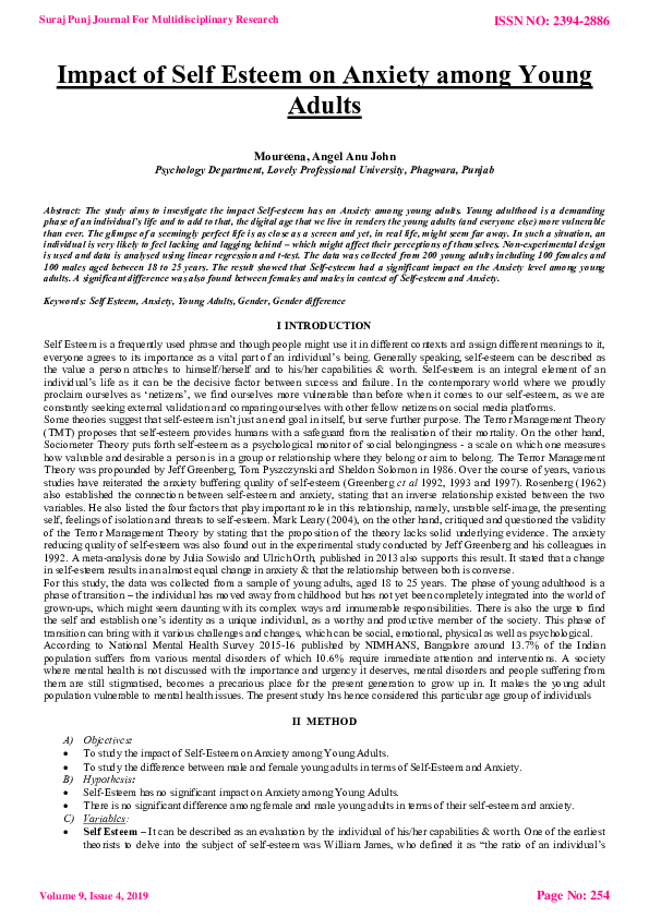 (PDF) Impact of Self Esteem on Anxiety among Young Adults