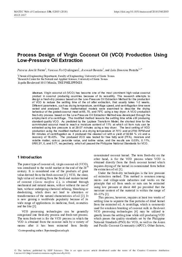(PDF) Process Design of Virgin Coconut Oil (VCO) Production Using Low ...