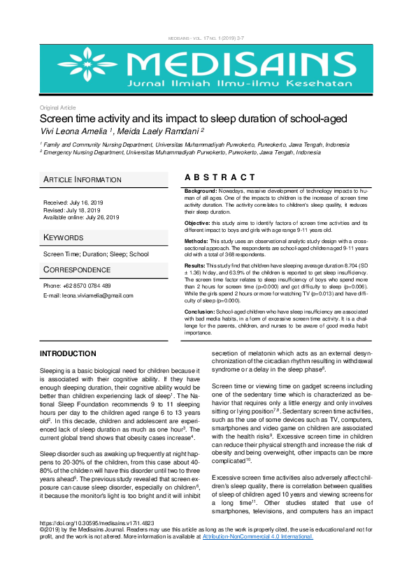 (PDF) Screen time activity and its impact to sleep duration of school-aged
