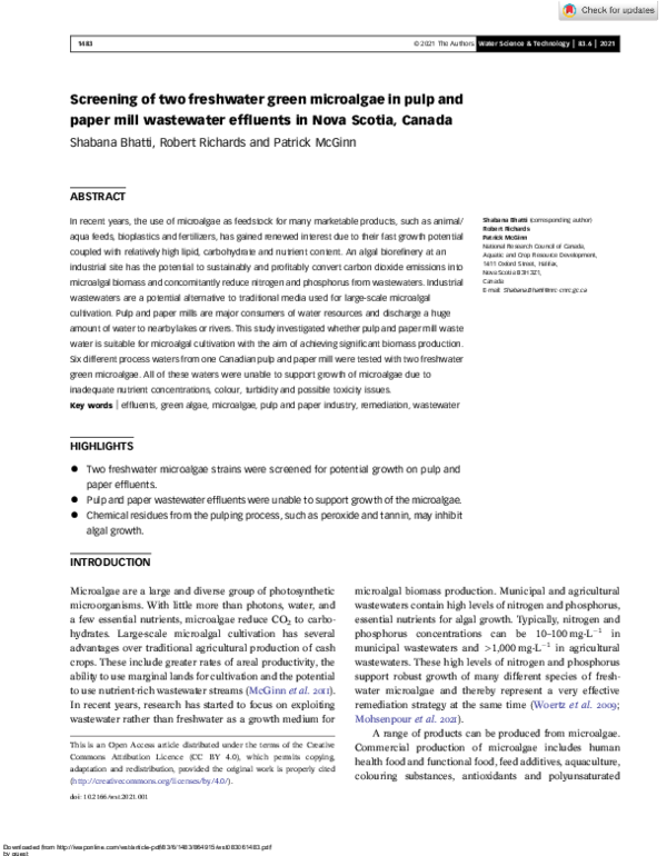 (PDF) Screening of two freshwater green microalgae in pulp and paper ...