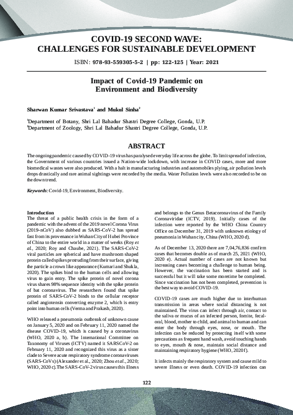 (PDF) Impact of Covid-19 Pandemic on Environment and Biodiversity 1