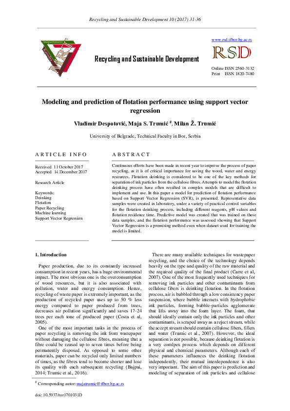 (PDF) Modeling and prediction of flotation performance using support ...