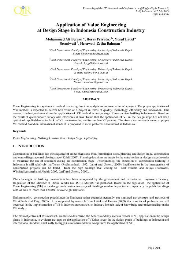 (PDF) Application of Value Engineering at Design Stage in Indonesia ...