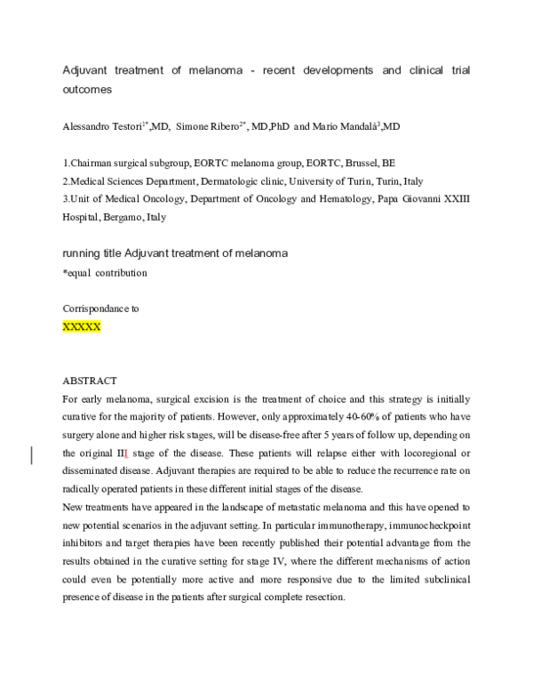 (PDF) Adjuvant Treatment of Melanoma: Recent Developments and Future ...
