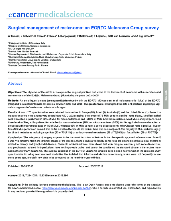 (PDF) Surgical management of melanoma: an EORTC Melanoma Group survey
