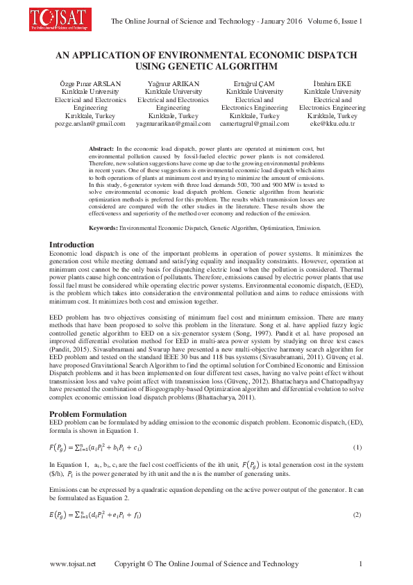 (PDF) An Application of Environmental Economic Dispatch Using Genetic ...