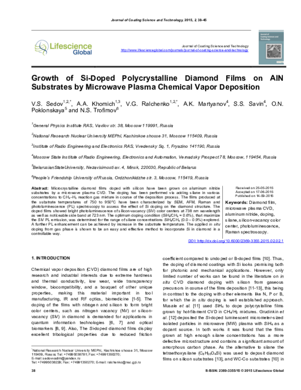 (PDF) Growth of Si-Doped Polycrystalline Diamond Films on AlN ...