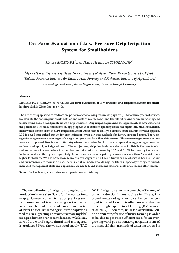 (PDF) On-farm evaluation of low-pressure drip irrigation system for ...