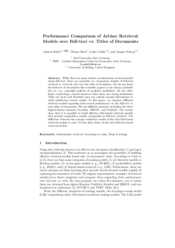 (PDF) Performance Comparison of AdHoc Retrieval Models over FullText