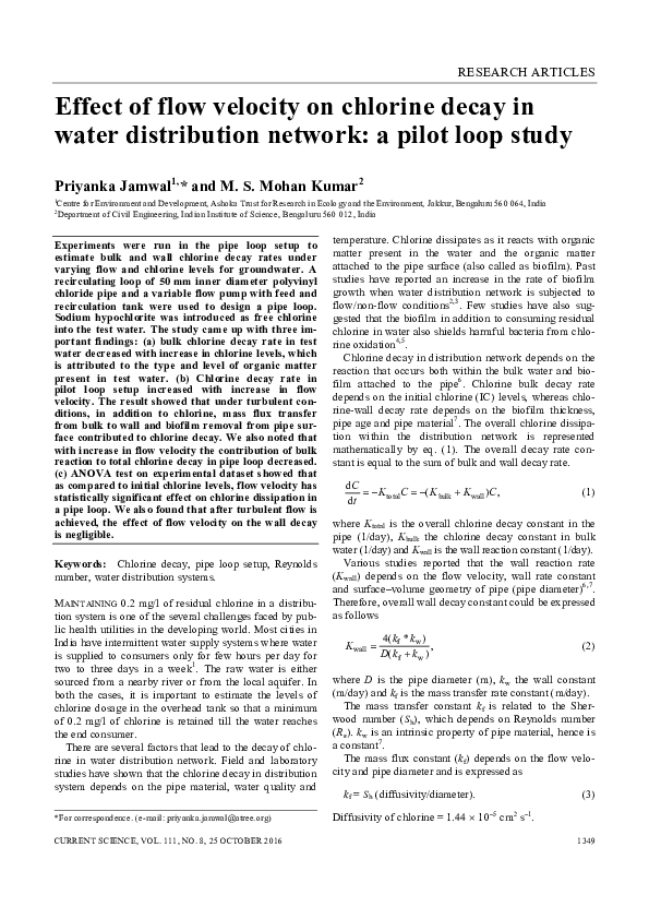 (PDF) Effect of Flow Velocity on Chlorine Decay in Water Distribution