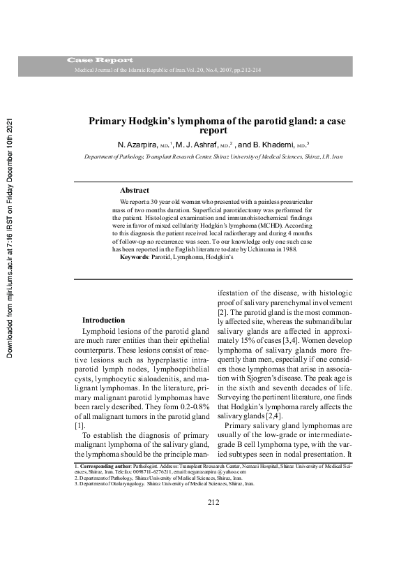 (PDF) Primary Hodgkin's lymphoma of the parotid gland: a case report