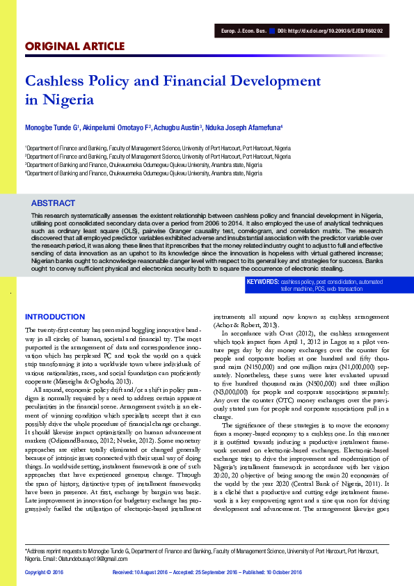 (PDF) Cashless Policy and Financial Development in Nigeria