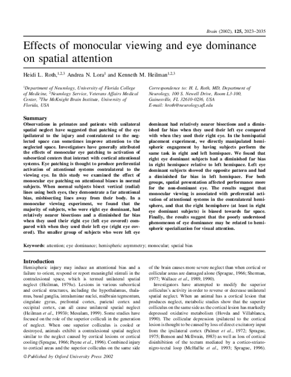 (PDF) Effects of monocular viewing and eye dominance on spatial attention