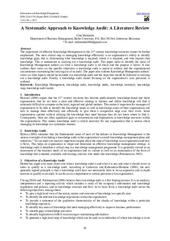 (PDF) A Systematic Approach to Knowledge Audit: A Literature Review