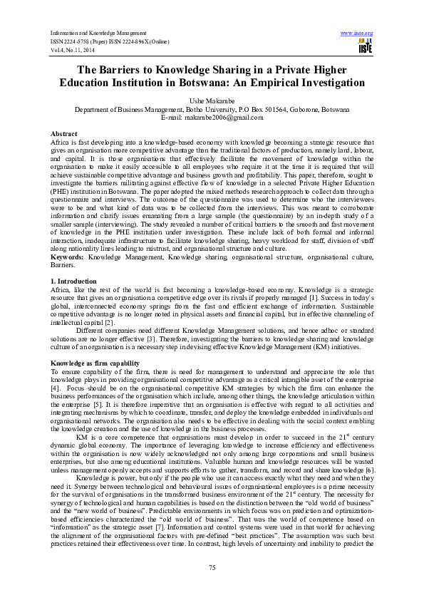 (PDF) The Barriers to Knowledge Sharing in a Private Higher Education ...