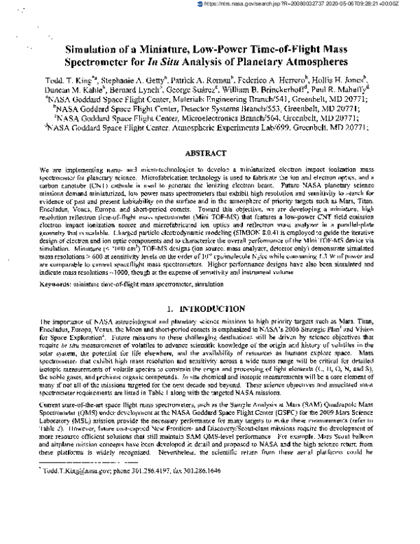 (PDF) Simulation of a miniature, low-power time-of-flight mass ...