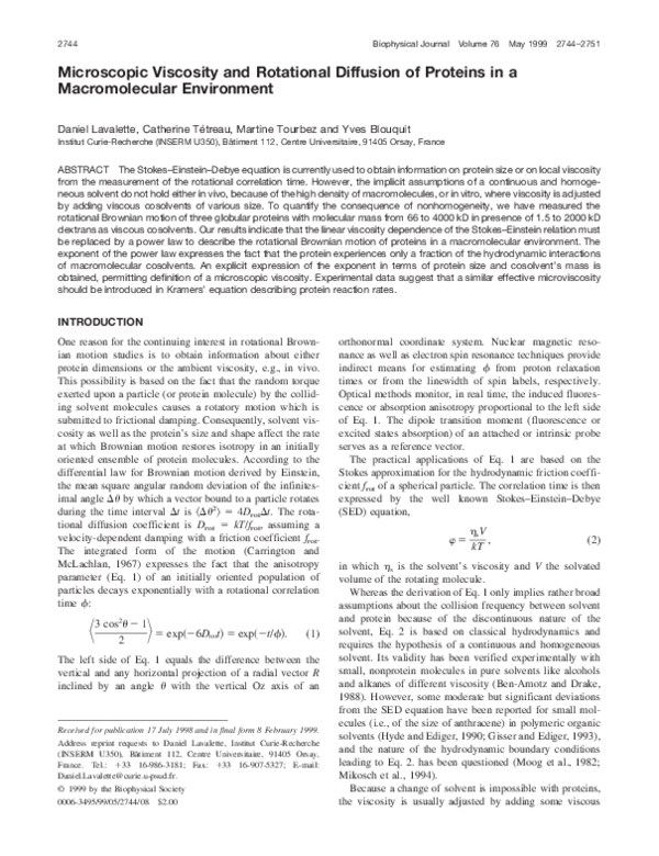 (PDF) Microscopic Viscosity and Rotational Diffusion of Proteins in a ...