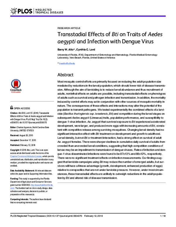 (PDF) Transstadial Effects of Bti on Traits of Aedes aegypti and ...