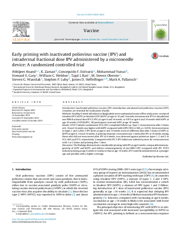 (PDF) Early priming with inactivated poliovirus vaccine (IPV) and ...