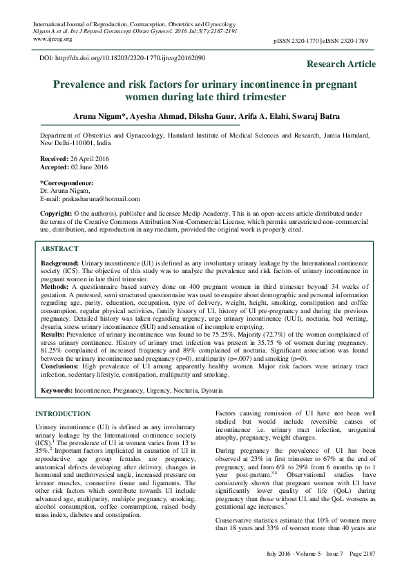(PDF) Prevalence and risk factors for urinary incontinence in pregnant ...