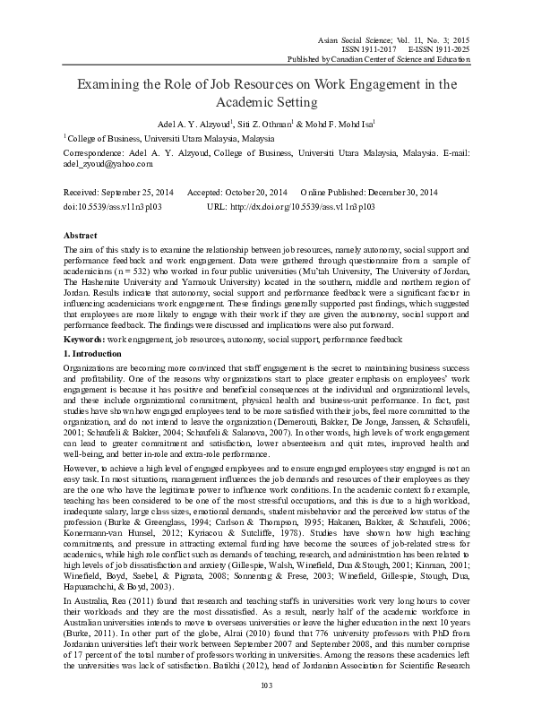 (PDF) Examining the Role of Job Resources on Work Engagement in the ...