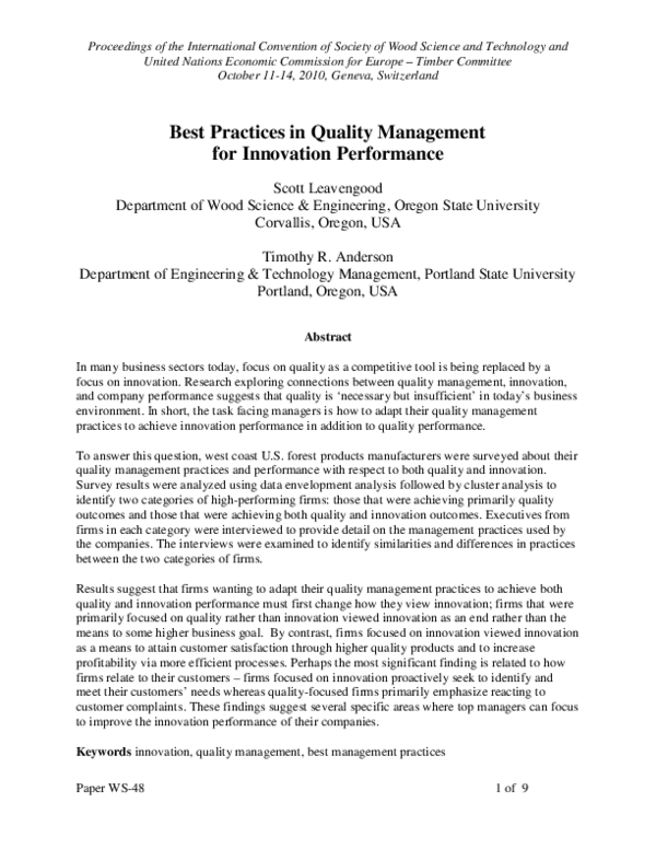 (PDF) Best practices in quality management for innovation performance