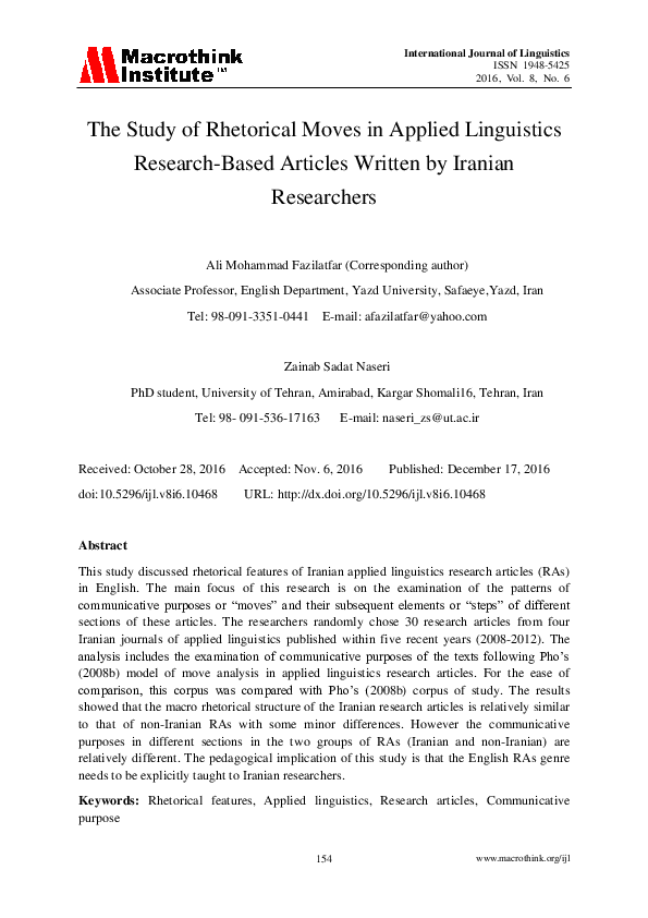 (PDF) The Study of Rhetorical Moves in Applied Linguistics Research ...