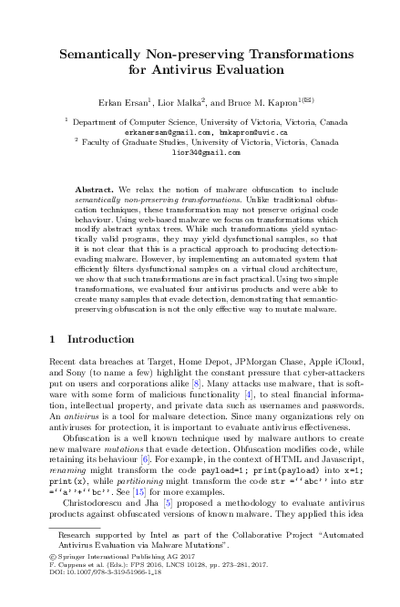 (PDF) Semantically Non-preserving Transformations for Antivirus Evaluation
