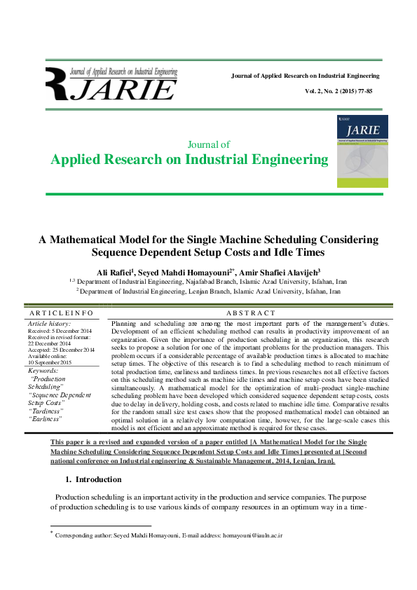 (PDF) A Mathematical Model for the Single Machine Scheduling ...