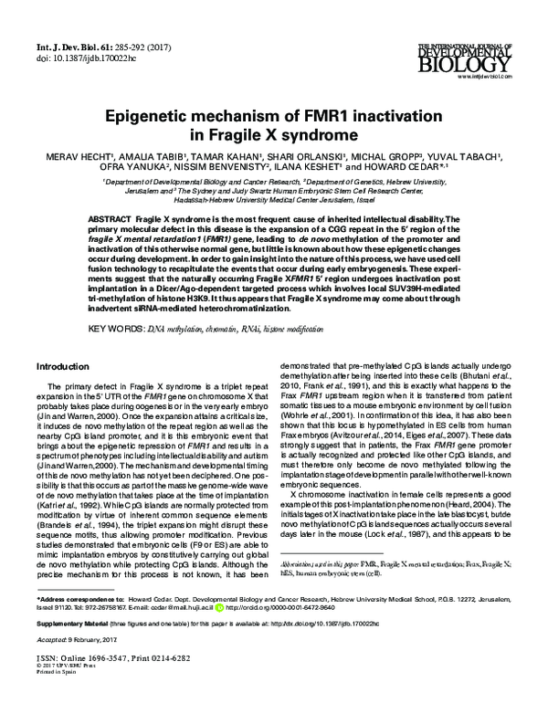 (PDF) Epigenetic mechanism of FMR1 inactivation in Fragile X syndrome