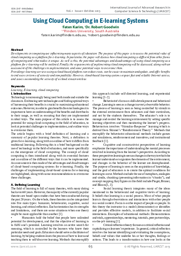 (PDF) Using Cloud Computing in E-learning Systems