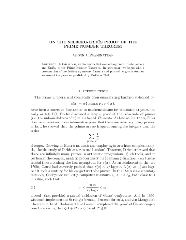 (PDF) On the Selberg-Erdős Proof of the Prime Number Theorem