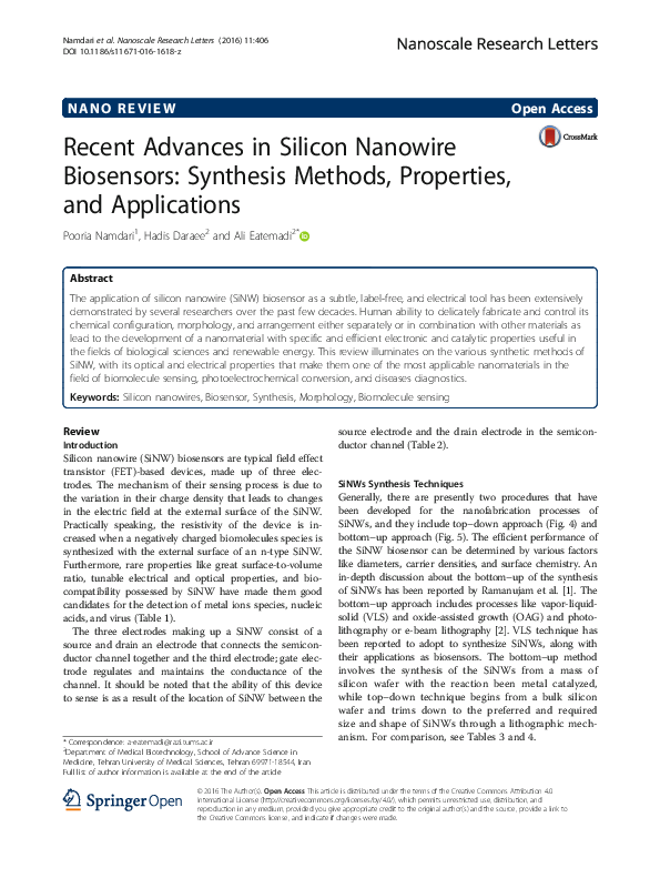 (PDF) Recent Advances in Silicon Nanowire Biosensors: Synthesis Methods ...