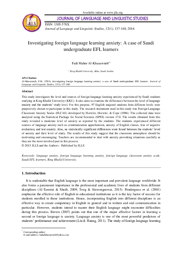 (PDF) Investigating foreign language learning anxiety: A case of Saudi ...