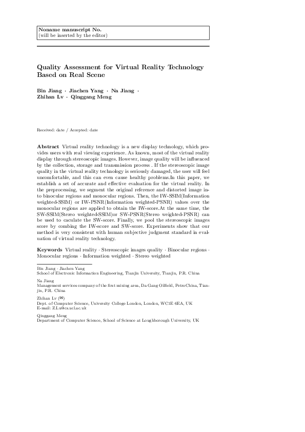 (PDF) Quality assessment for virtual reality technology based on real scene