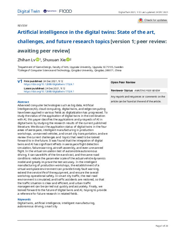 (PDF) Artificial intelligence in the digital twins: State of the art ...