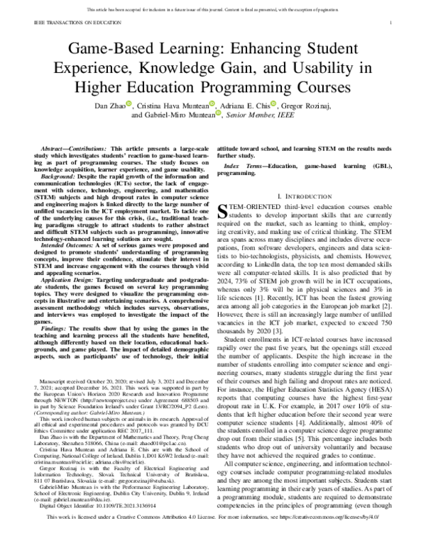 (PDF) Game-Based Learning: Enhancing Student Experience, Knowledge Gain ...