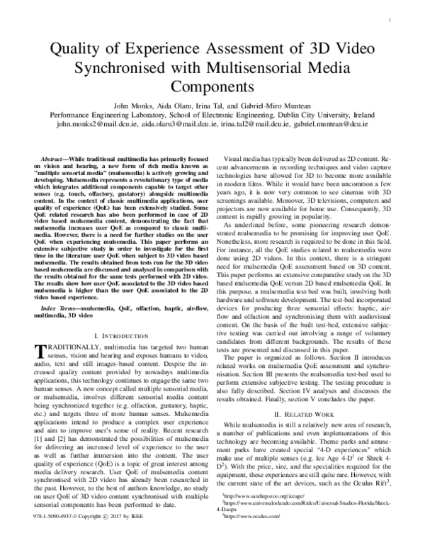 (PDF) Quality of experience assessment of 3D video synchronised with ...