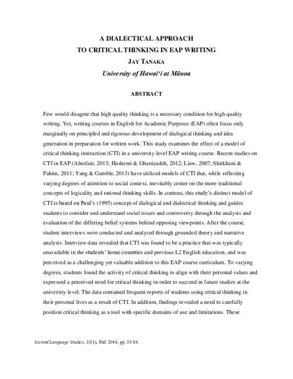 (PDF) A dialectical approach to critical thinking in EAP writing