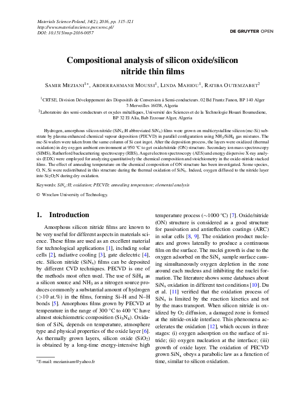 (PDF) Compositional analysis of silicon oxide/silicon nitride thin films