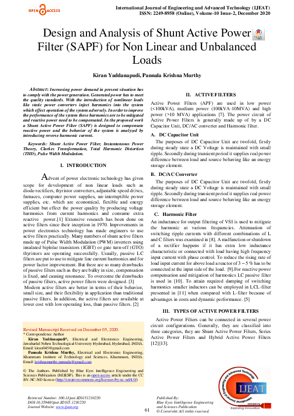 (PDF) Design and Analysis of Shunt Active Power Filter (SAPF) for Non ...