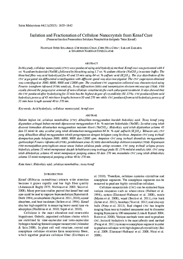 (PDF) Isolation and fractionation of cellulose nanocrystals from kenaf core