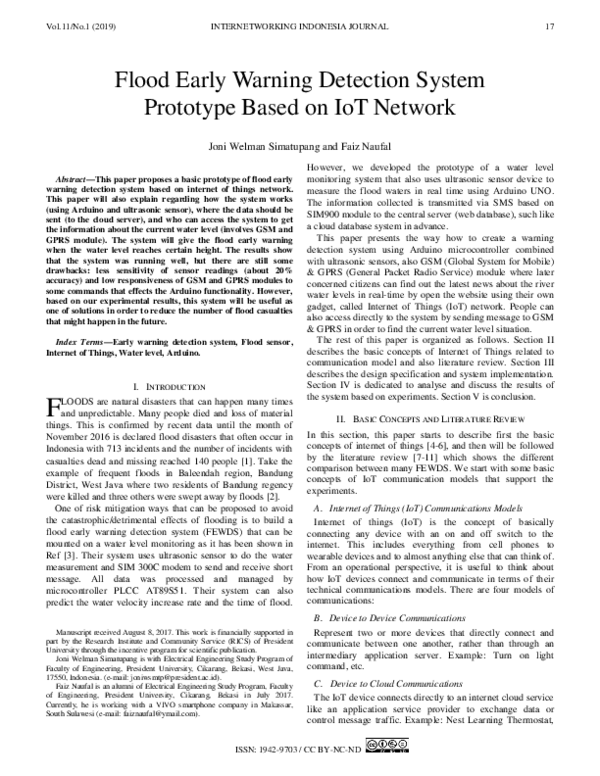 (PDF) Flood Early Warning Detection System Prototype Based on IoT Network