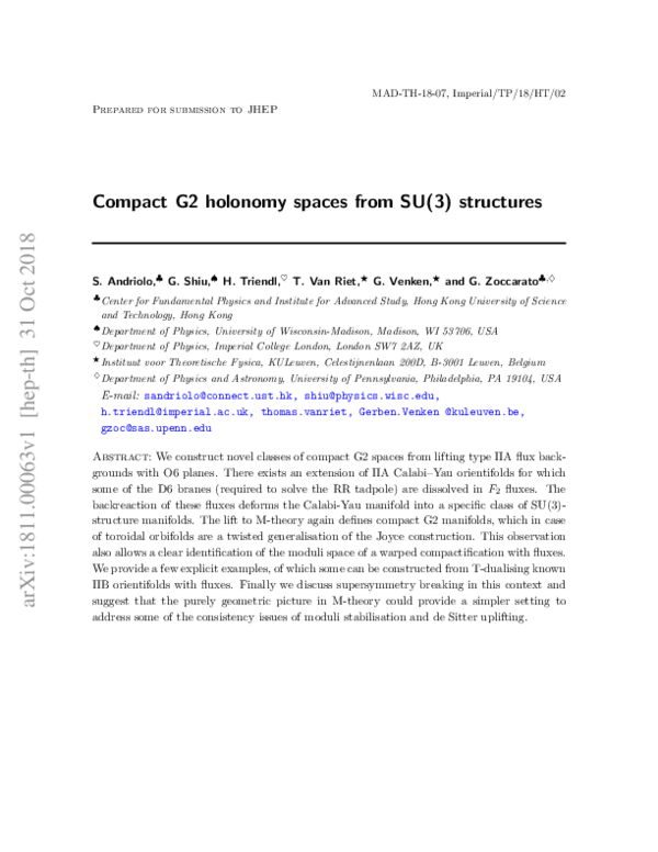 (PDF) Compact G2 holonomy spaces from SU(3) structures