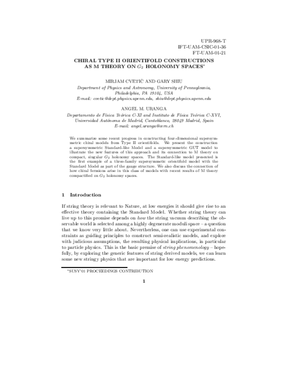 (PDF) Chiral Type II Orientifold Constructions as M Theory on G2 ...