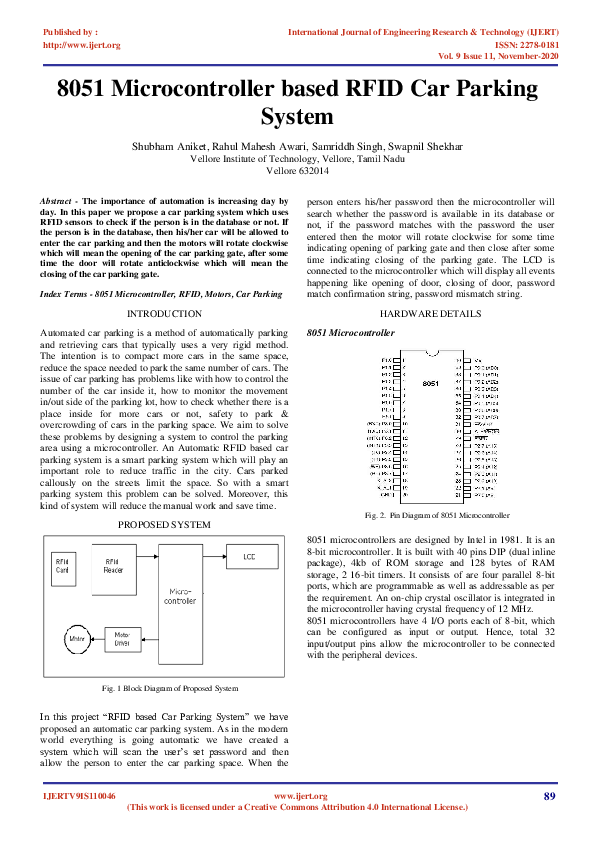 (PDF) 8051 Microcontroller based RFID Car Parking System