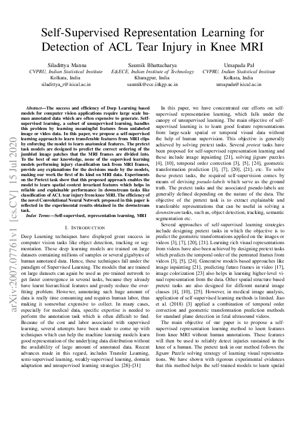 (PDF) Self-Supervised Representation Learning for Detection of ACL Tear ...