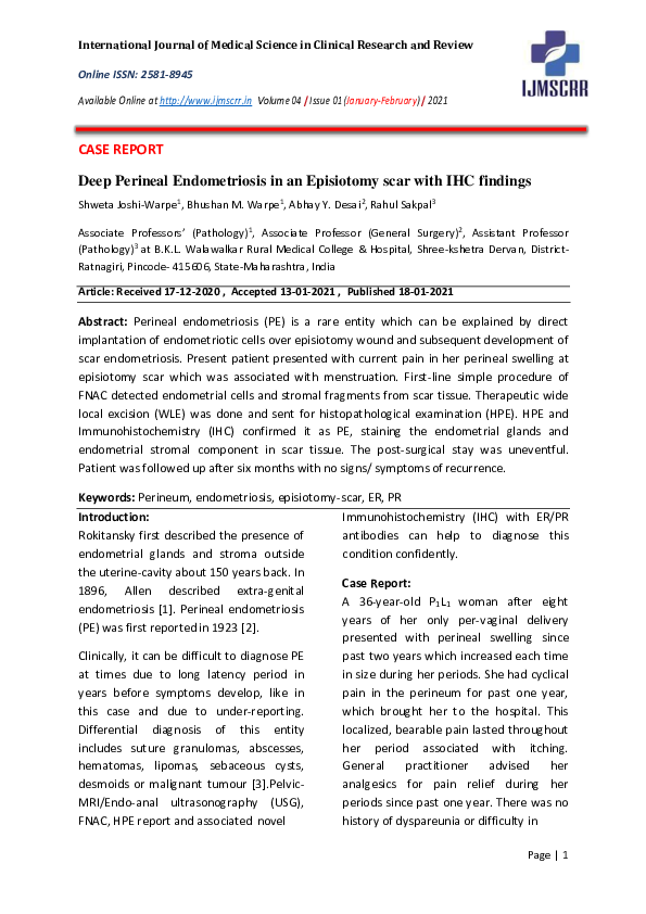(PDF) Deep Perineal Endometriosis in an Episiotomy scar with IHC