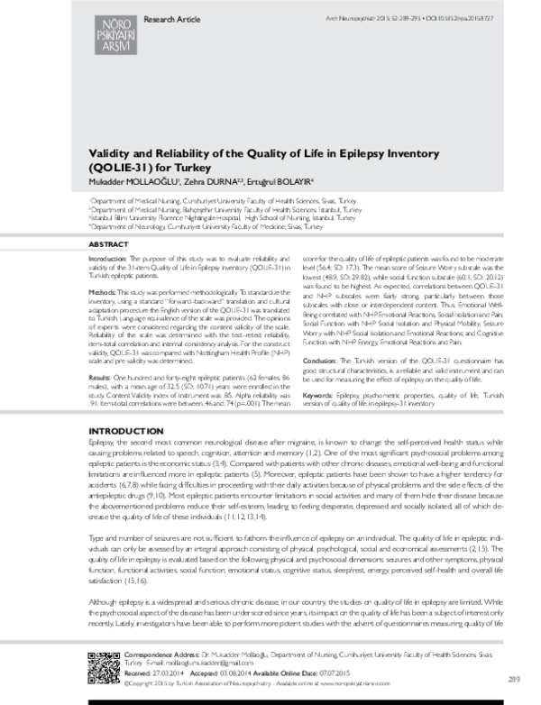 (PDF) Validity And Reliability Of The Quality Of Life İn Epilepsy ...
